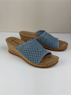 BareTraps Blue Woven Slide Wedge Sandals